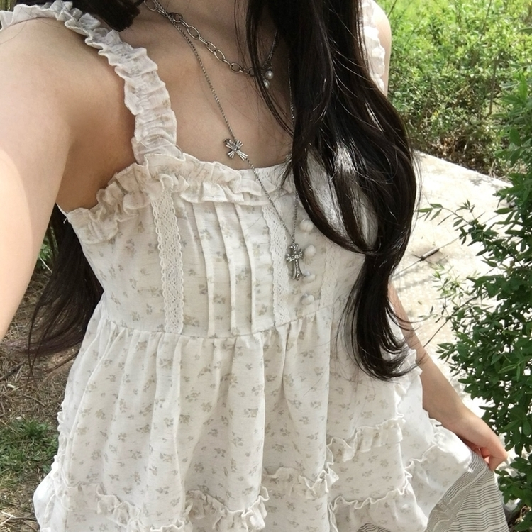 코티지 모리 베이비돌 옆지퍼 잔꽃 캉캉 나시 블라우스 아이보리