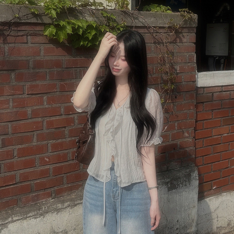 フリルシースルーシフォンブラウス(5color) SKY BLUE