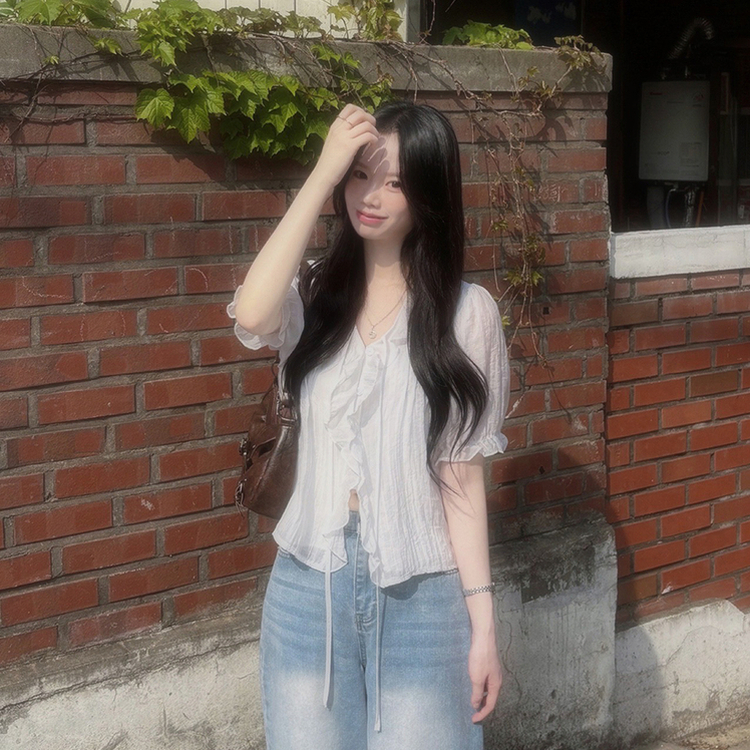 フリルシースルーシフォンブラウス(5color) SKY BLUE