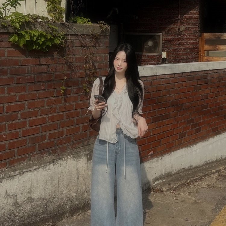 フリルシースルーシフォンブラウス(5color) SKY BLUE