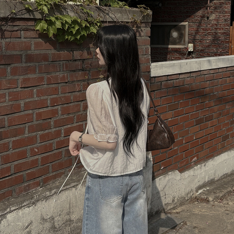 フリルシースルーシフォンブラウス(5color) SKY BLUE