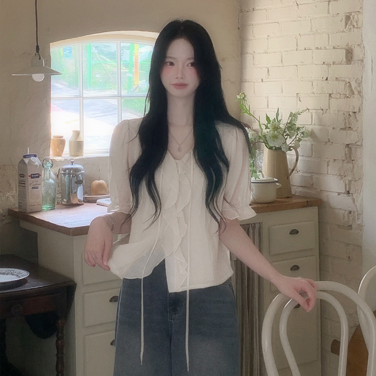 フリルシースルーシフォンブラウス(5color) BEIGE