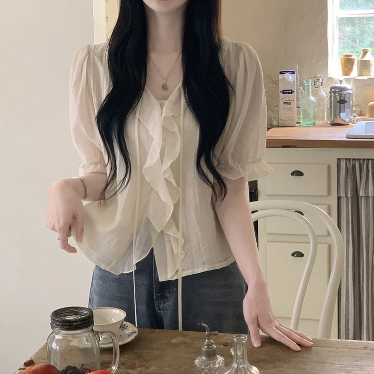 フリルシースルーシフォンブラウス(5color) BEIGE