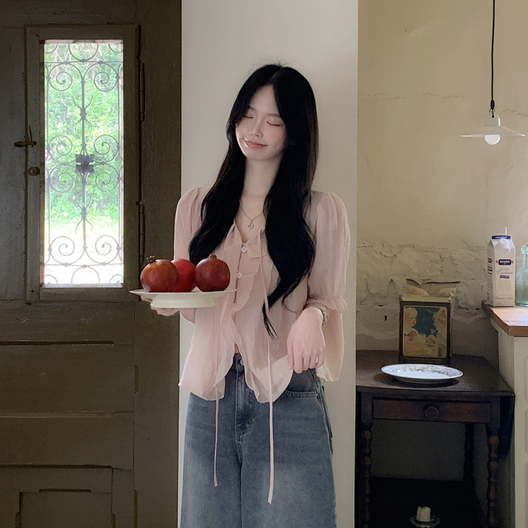 フリルシースルーシフォンブラウス(5color) PINK