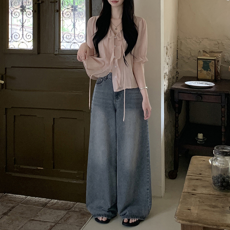 フリルシースルーシフォンブラウス(5color) PINK