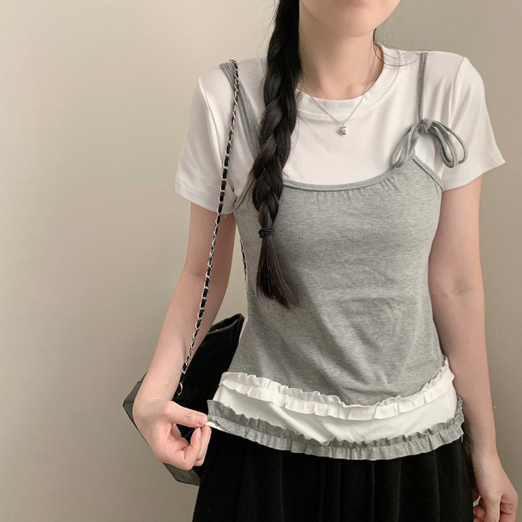 レイヤードフリルレースキャミTシャツ IVORY