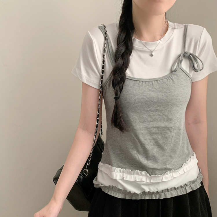 レイヤードフリルレースキャミTシャツ IVORY