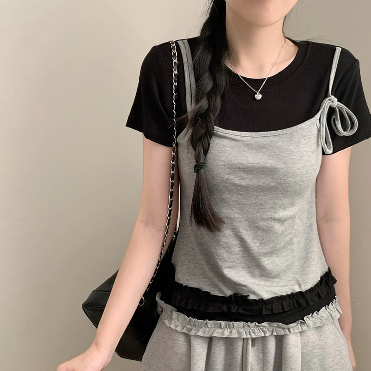 レイヤードフリルレースキャミTシャツ BLACK