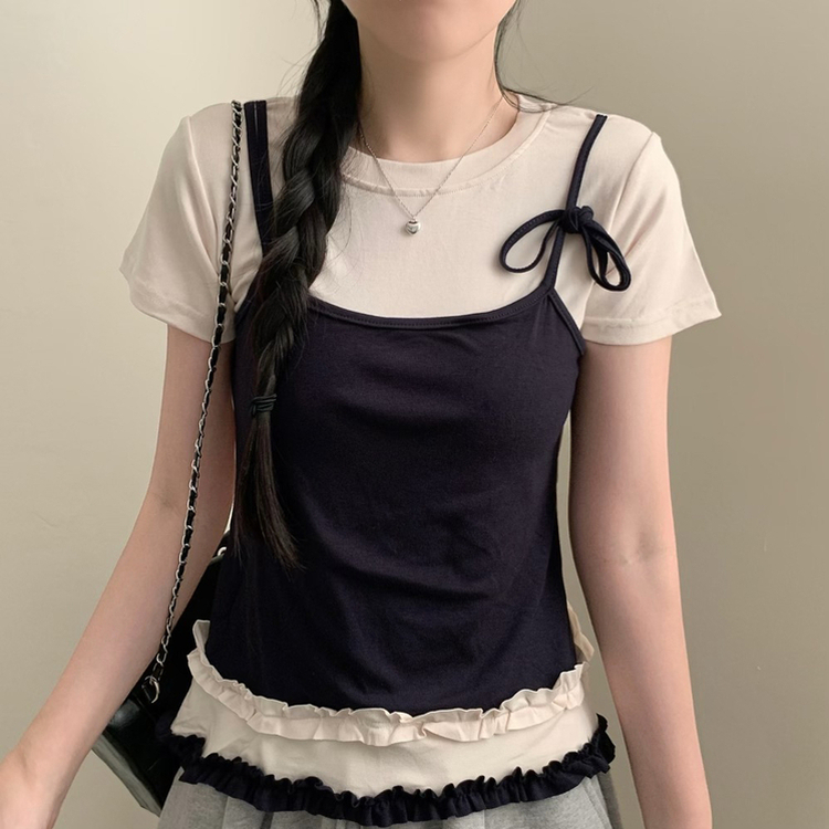 レイヤードフリルレースキャミTシャツ BEIGE