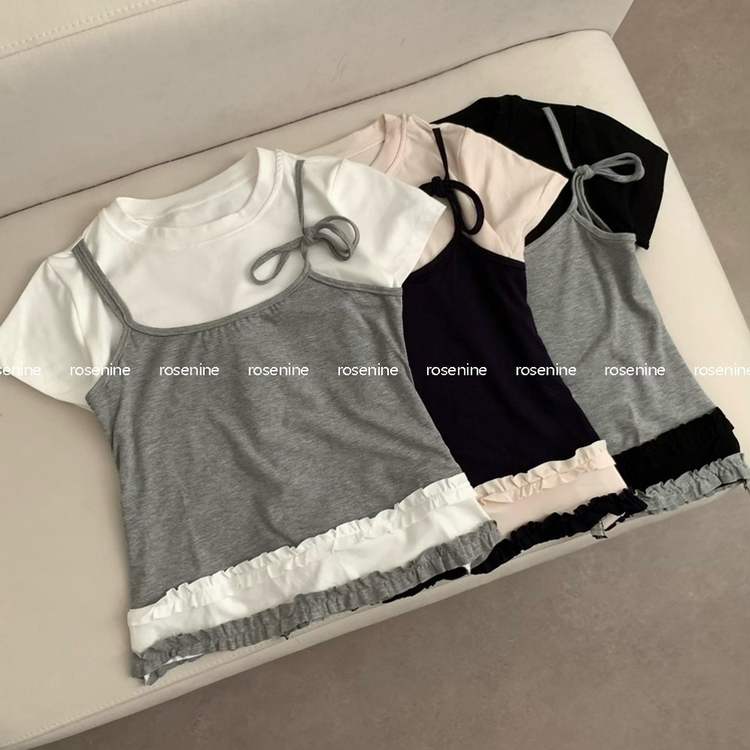 レイヤードフリルレースキャミTシャツ
