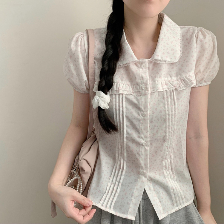 丸襟レースピンタックパフ半袖ブラウス WHITE