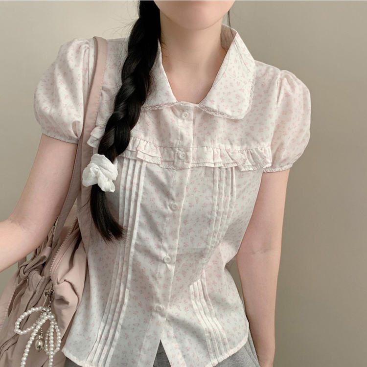 丸襟レースピンタックパフ半袖ブラウス WHITE