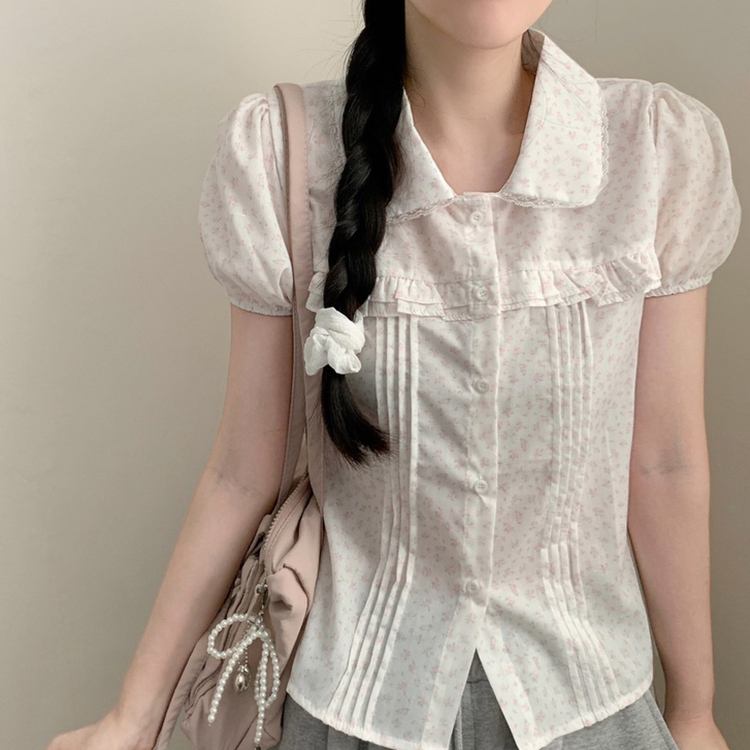 丸襟レースピンタックパフ半袖ブラウス WHITE