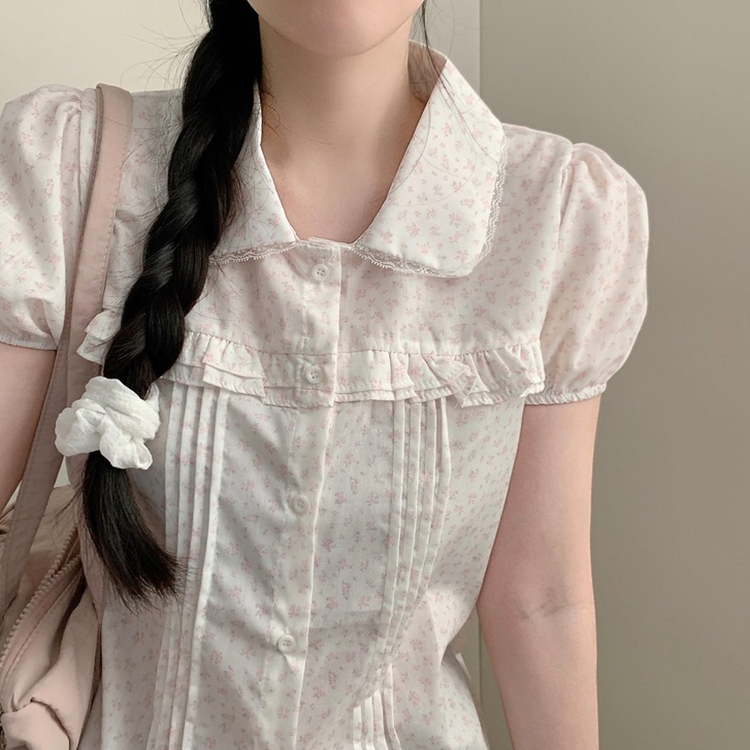 丸襟レースピンタックパフ半袖ブラウス WHITE