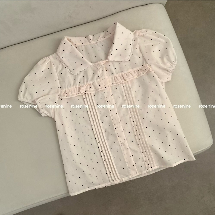 丸襟レースピンタックパフ半袖ブラウス