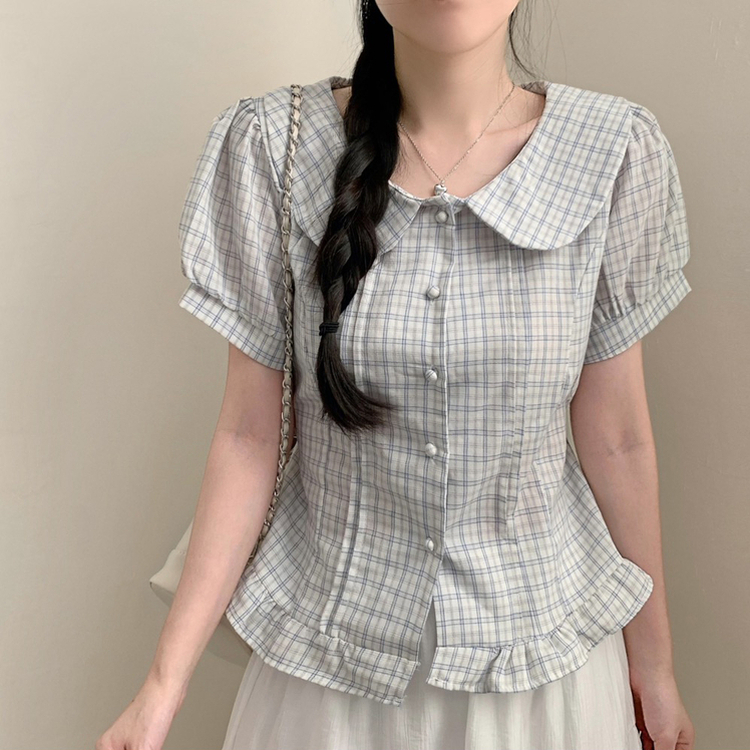 チェック丸襟ボタンパフ半袖ブラウス SKY BLUE