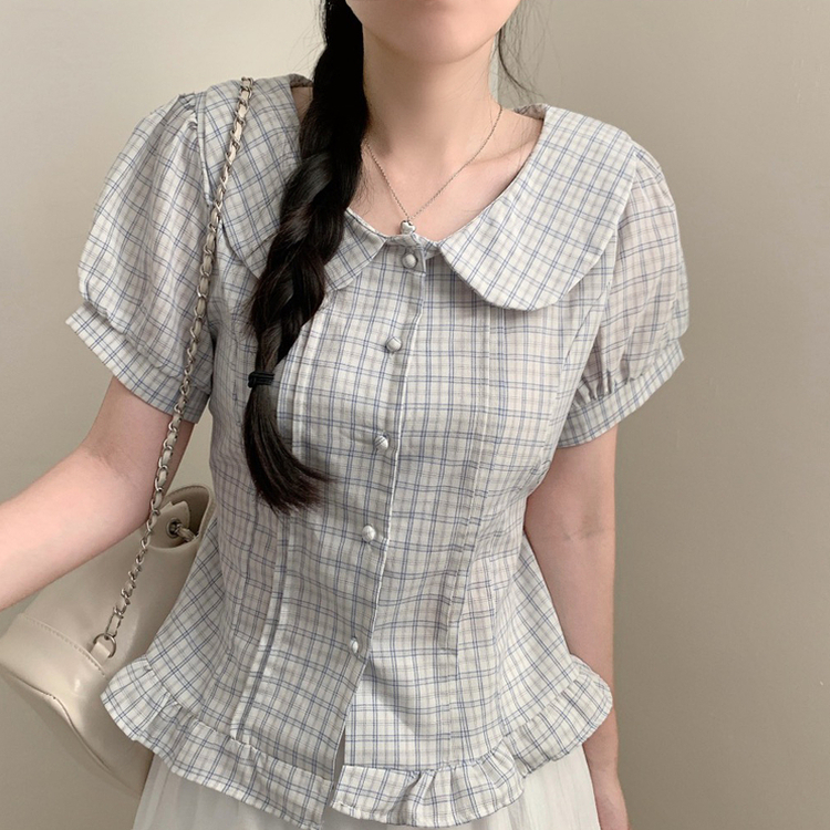 チェック丸襟ボタンパフ半袖ブラウス SKY BLUE