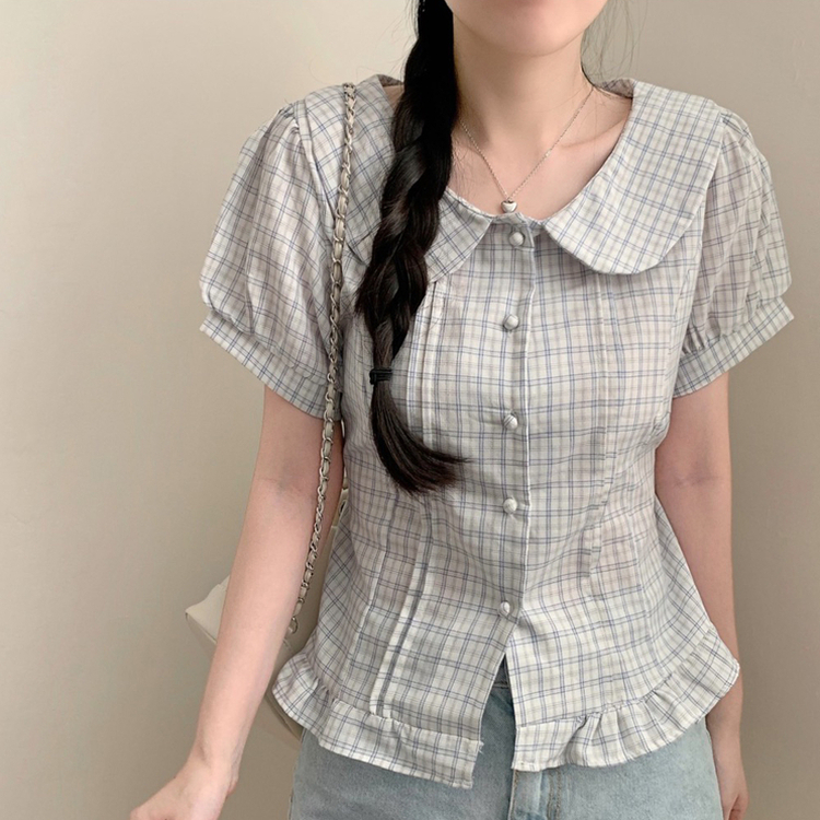 チェック丸襟ボタンパフ半袖ブラウス SKY BLUE