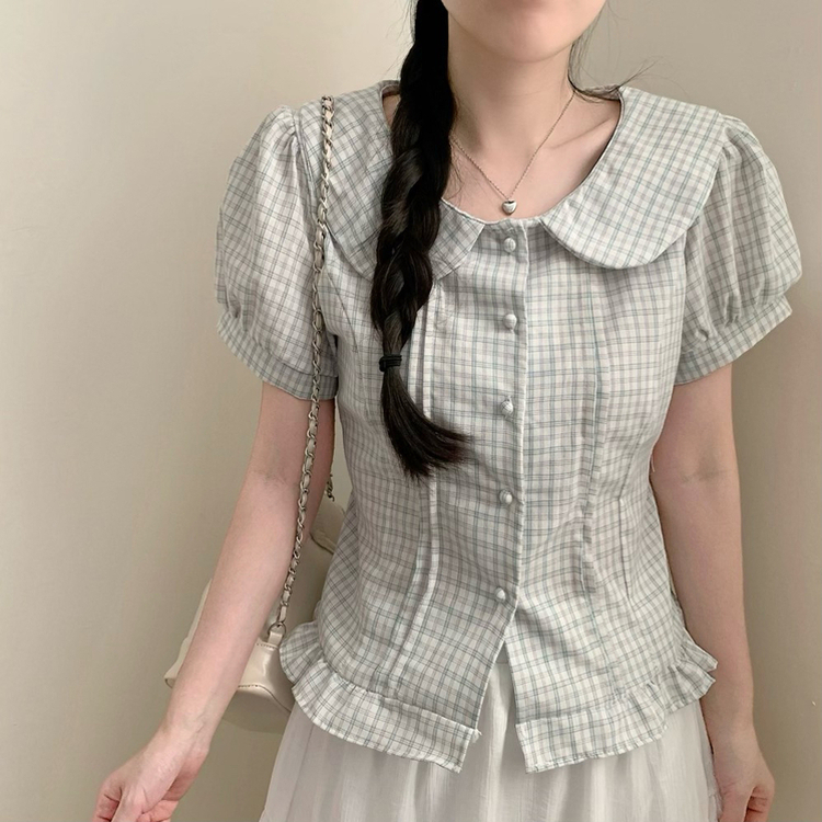 チェック丸襟ボタンパフ半袖ブラウス KHAKI