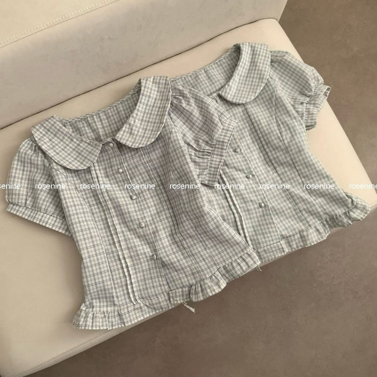 チェック丸襟ボタンパフ半袖ブラウス