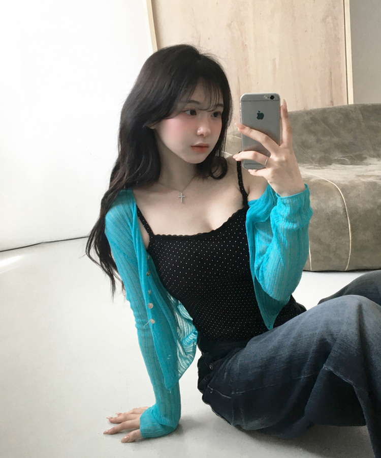 블루밍 시스루 골지 니트 가디건 브이넥 아우터 레이어드 여리핏 슬림핏 데일리 봄신상여름신상살안타템 아쿠아블루