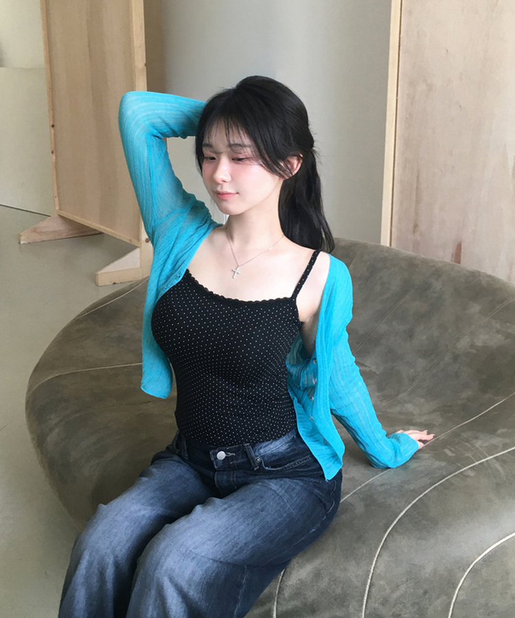 블루밍 시스루 골지 니트 가디건 브이넥 아우터 레이어드 여리핏 슬림핏 데일리 봄신상여름신상살안타템 아쿠아블루