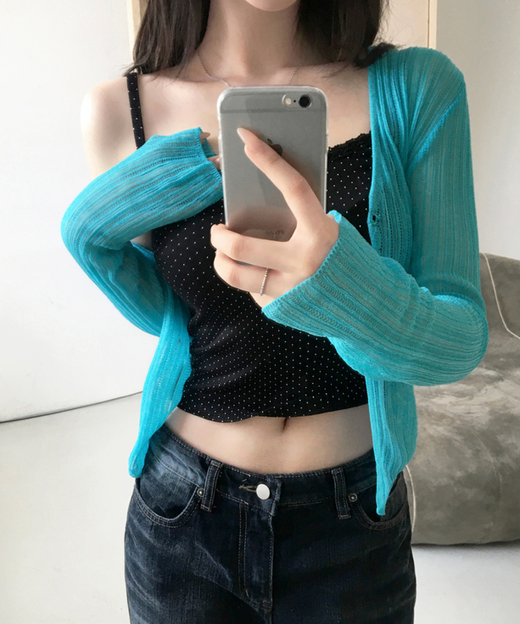 블루밍 시스루 골지 니트 가디건 브이넥 아우터 레이어드 여리핏 슬림핏 데일리 봄신상여름신상살안타템 아쿠아블루