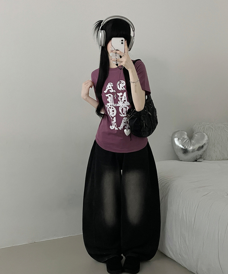 블래닛레터링세미크롭반팔티셔츠 보라