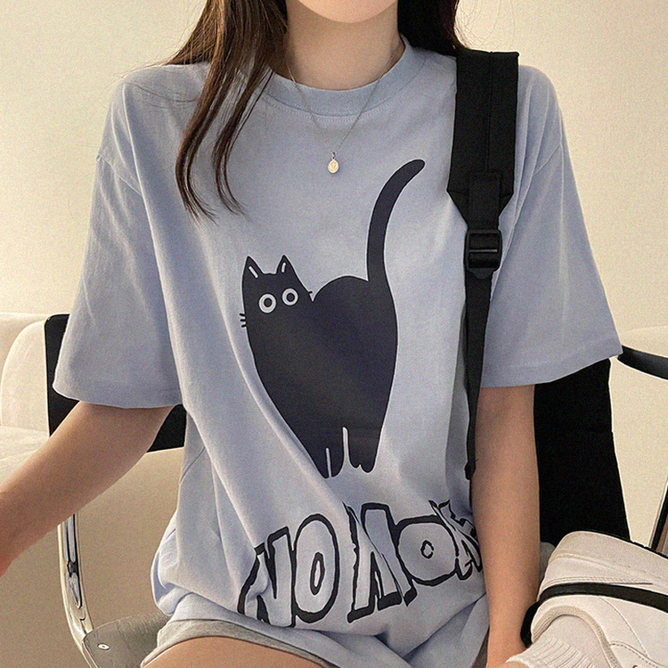 キャットオーバーフィットプリント半袖Tシャツ SKY BLUE