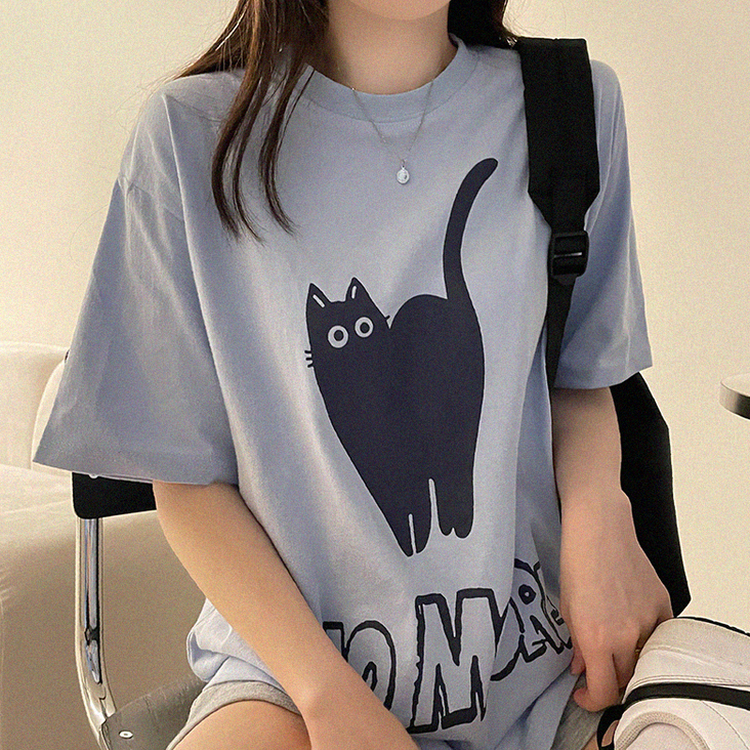 キャットオーバーフィットプリント半袖Tシャツ SKY BLUE