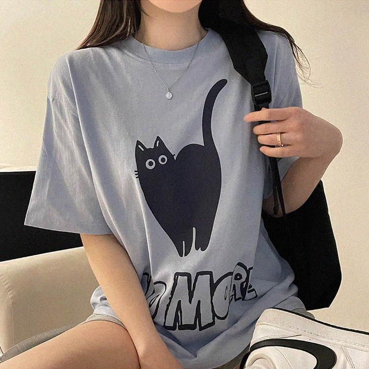 キャットオーバーフィットプリント半袖Tシャツ SKY BLUE