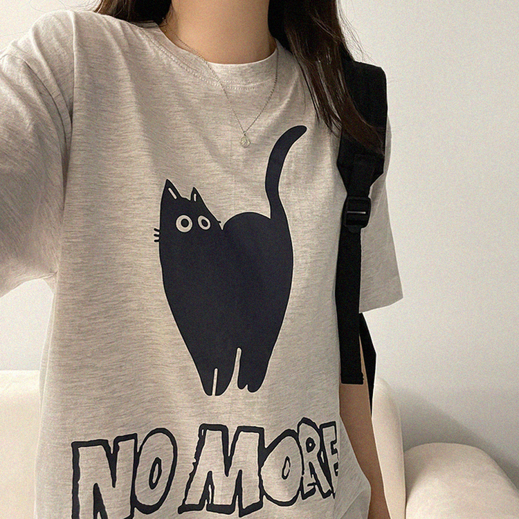 キャットオーバーフィットプリント半袖Tシャツ MELANGE WHITE