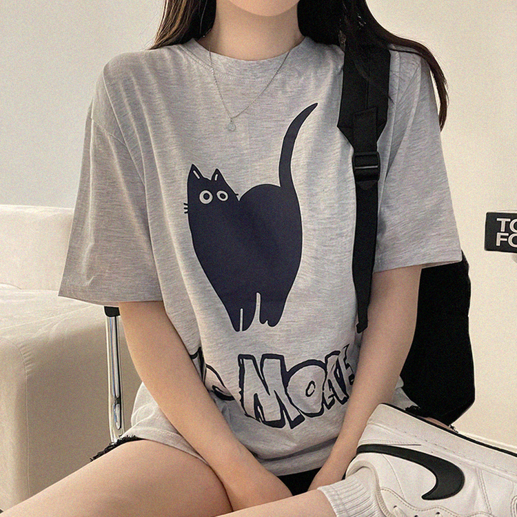 キャットオーバーフィットプリント半袖Tシャツ MELANGE WHITE