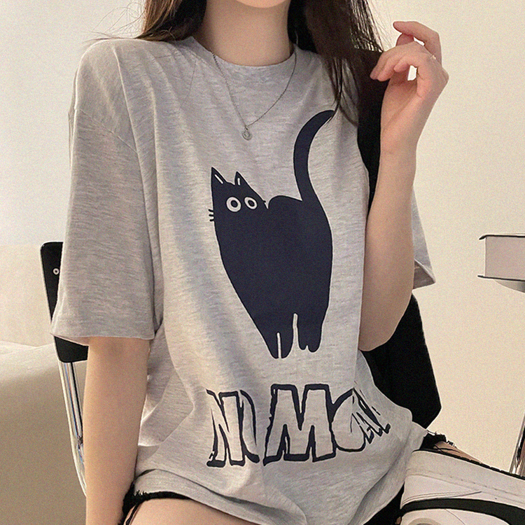 キャットオーバーフィットプリント半袖Tシャツ MELANGE WHITE
