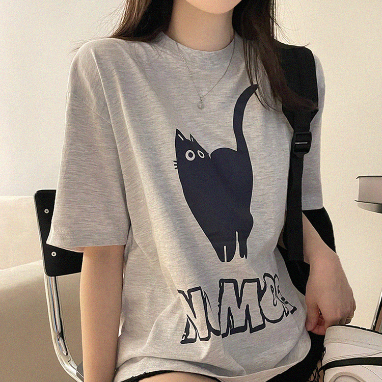 キャットオーバーフィットプリント半袖Tシャツ MELANGE WHITE