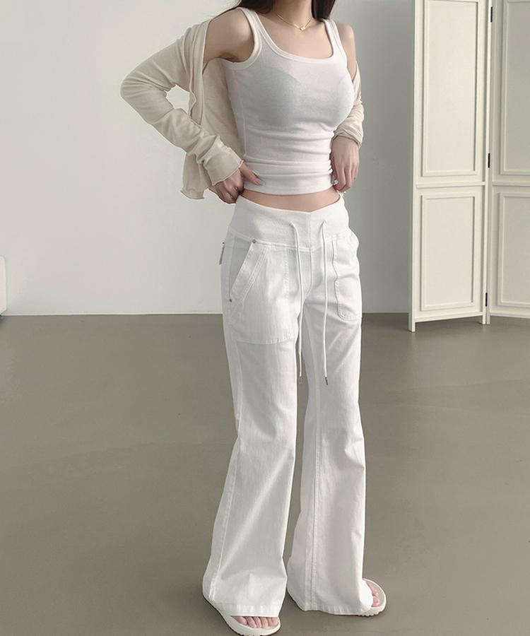 【丈別】ストリングコットンブーツカットフレアパンツ WHITE