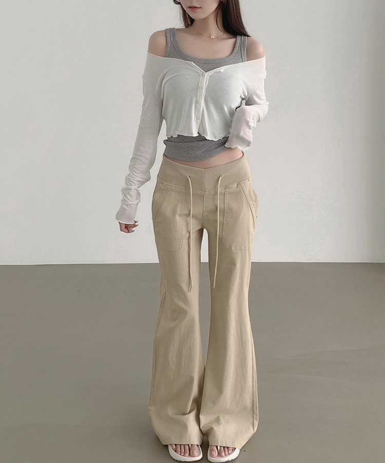 【丈別】ストリングコットンブーツカットフレアパンツ BEIGE