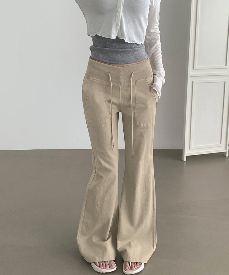 【丈別】ストリングコットンブーツカットフレアパンツ BEIGE
