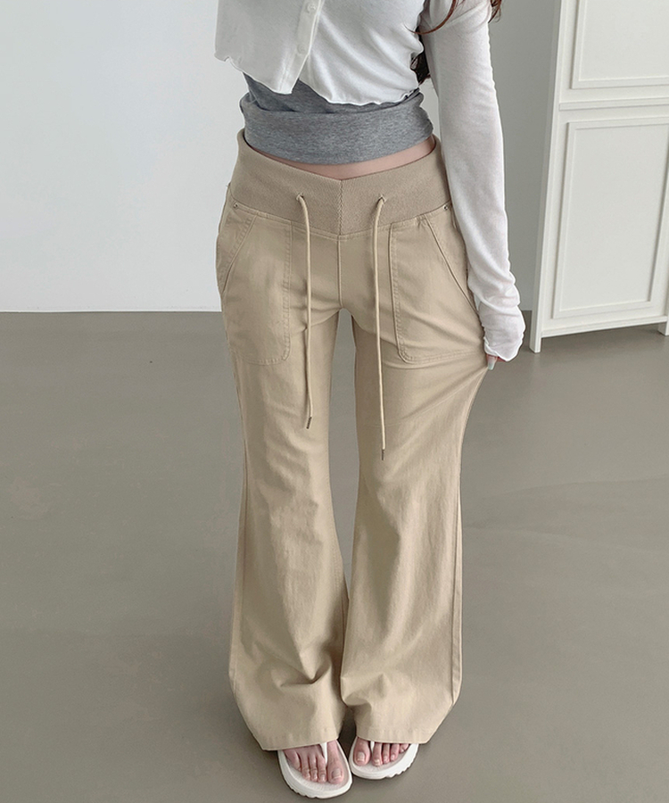 【丈別】ストリングコットンブーツカットフレアパンツ BEIGE