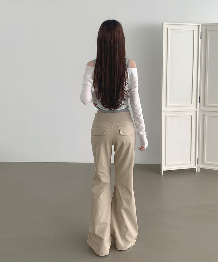 【丈別】ストリングコットンブーツカットフレアパンツ BEIGE