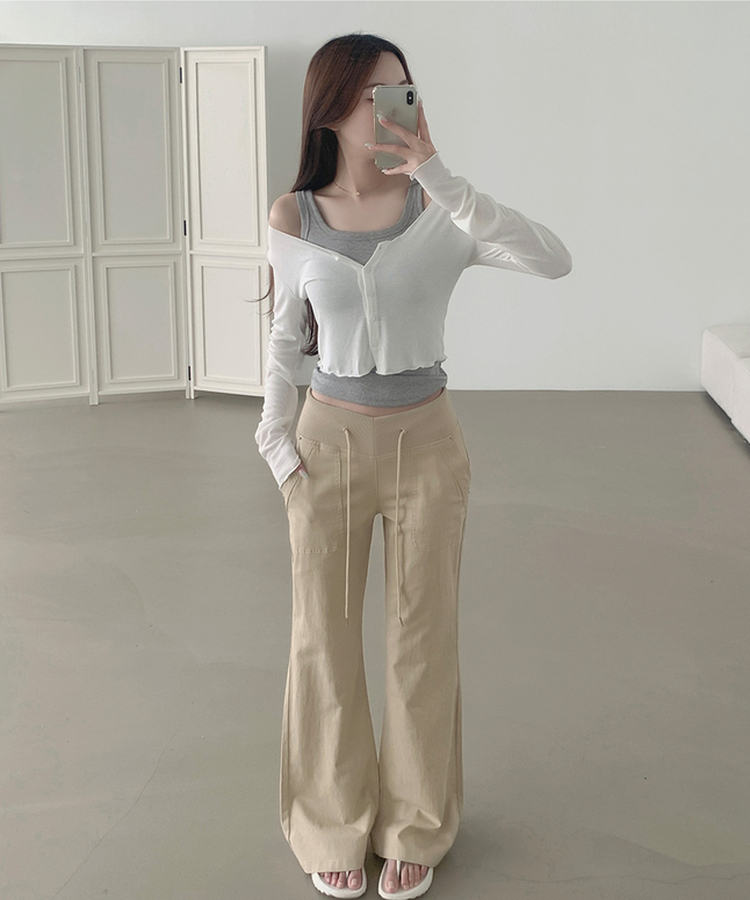 【丈別】ストリングコットンブーツカットフレアパンツ BEIGE