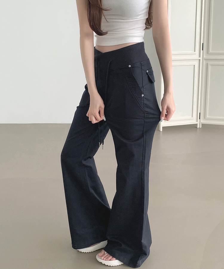【丈別】ストリングコットンブーツカットフレアパンツ NAVY