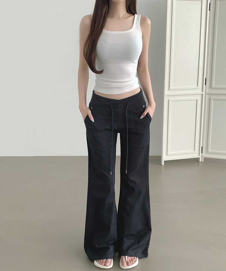 【丈別】ストリングコットンブーツカットフレアパンツ NAVY