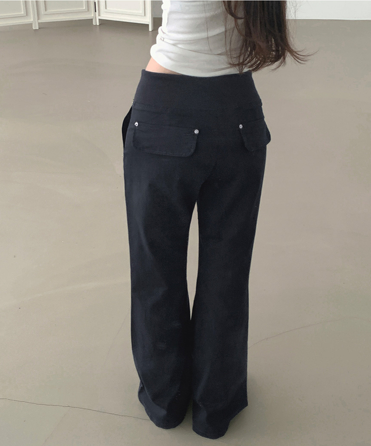 【丈別】ストリングコットンブーツカットフレアパンツ NAVY