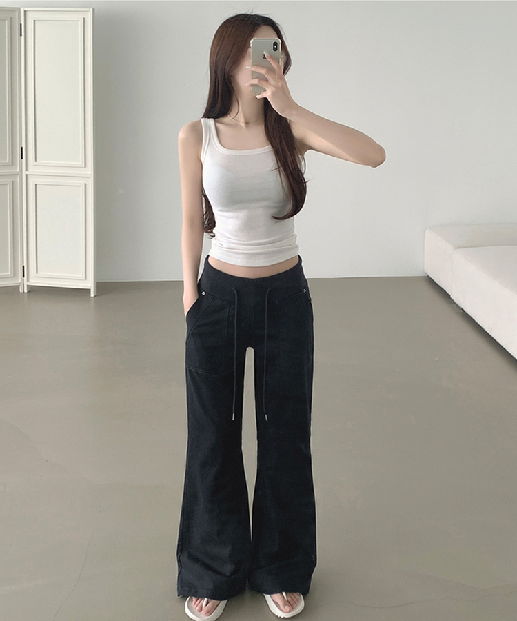 【丈別】ストリングコットンブーツカットフレアパンツ NAVY