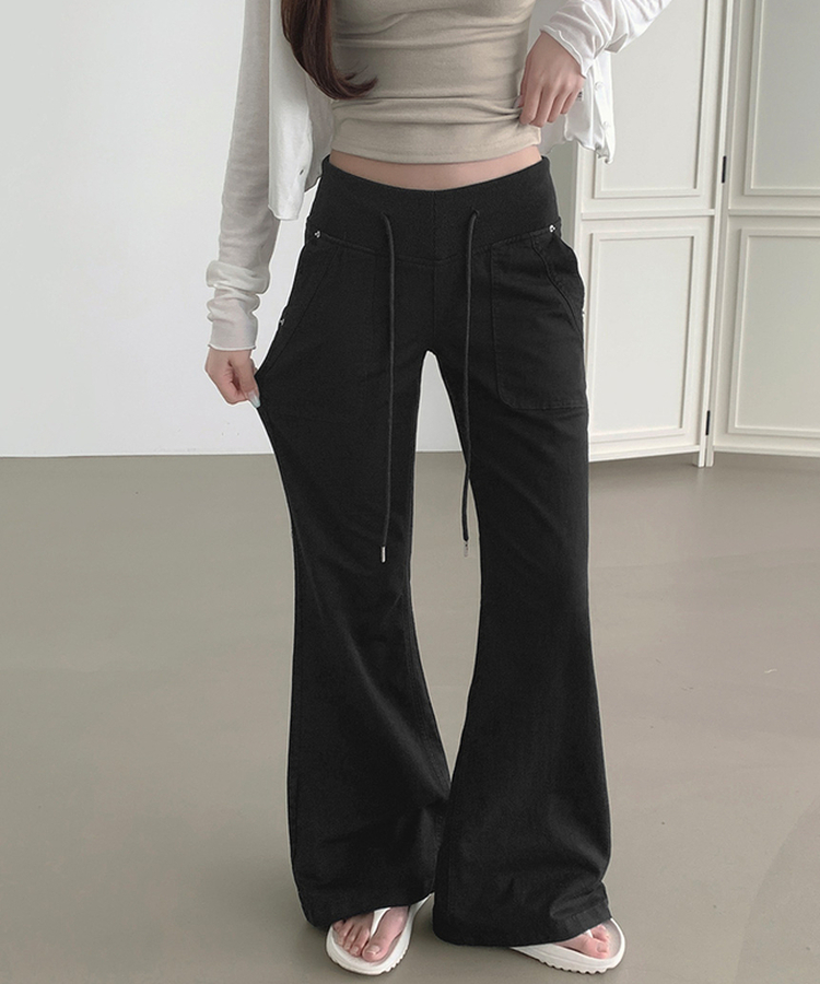 【丈別】ストリングコットンブーツカットフレアパンツ BLACK