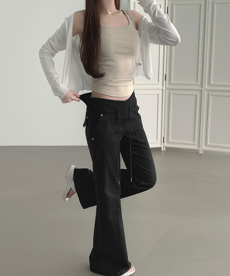 【丈別】ストリングコットンブーツカットフレアパンツ BLACK