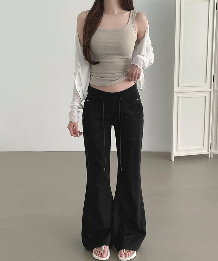 【丈別】ストリングコットンブーツカットフレアパンツ BLACK