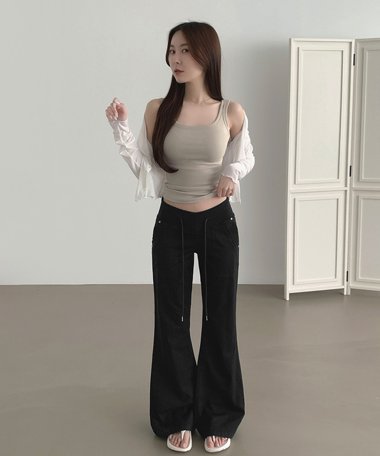 【丈別】ストリングコットンブーツカットフレアパンツ BLACK