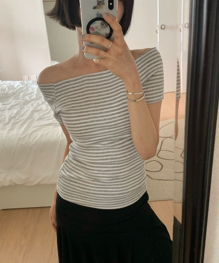 ストライプオフショルダー半袖トップス GREY